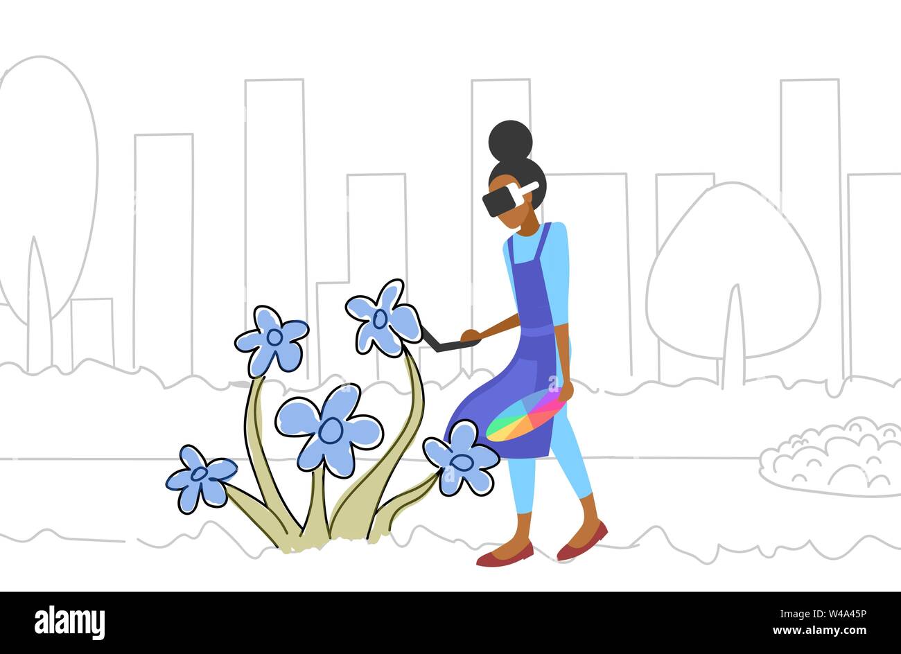 Femme portant des lunettes 3d contrôleur de portefeuille avec la palette de peintre de fleurs en dessin grâce à la réalité virtuelle augmentée casque Illustration de Vecteur