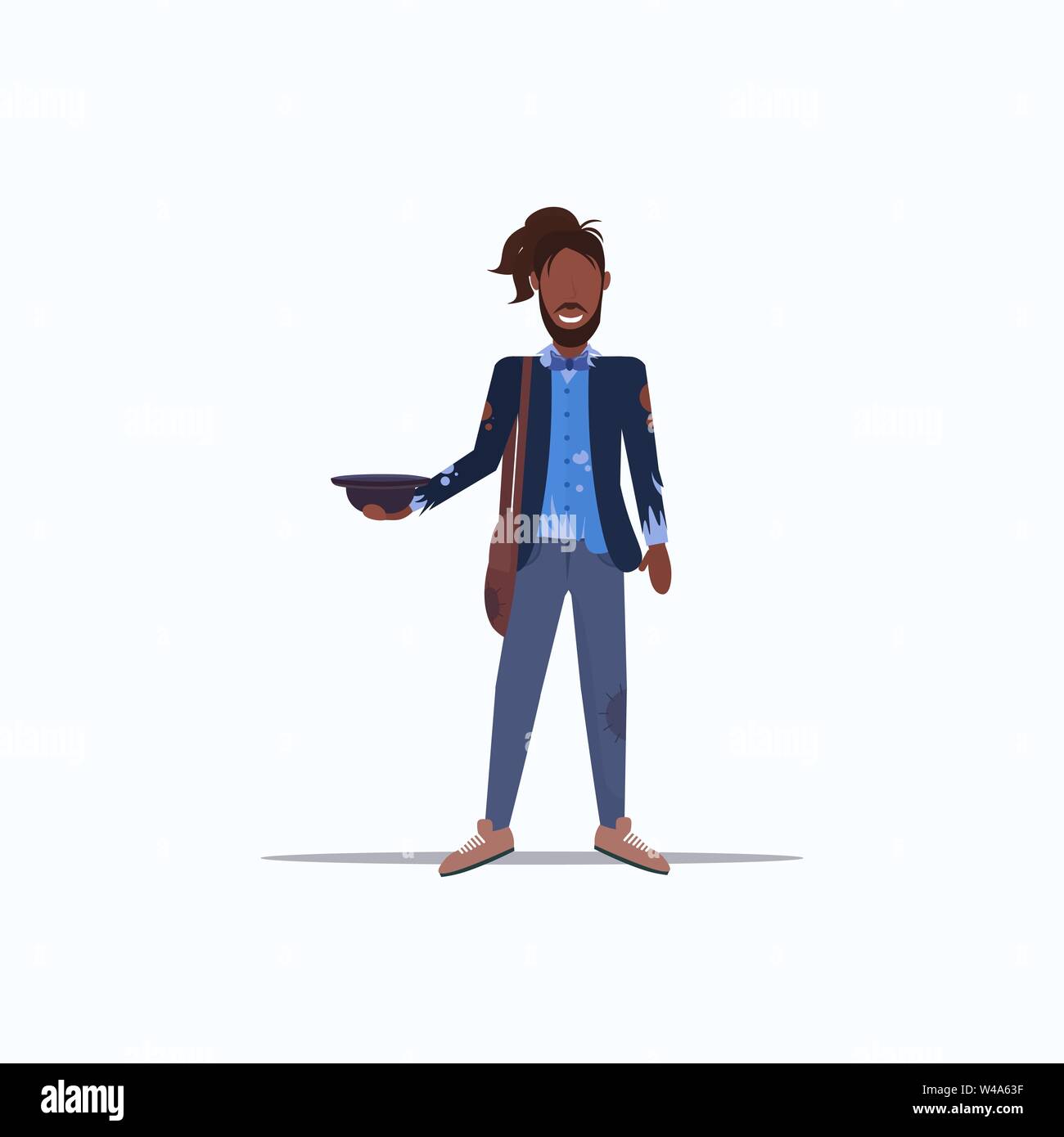Homme pauvre mendiant holding hat african american clochard mendier de l'argent sans emploi sans-abri concept chômage fond blanc Longueur totale Illustration de Vecteur