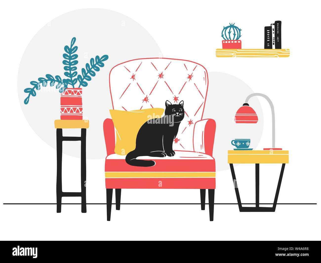 Intérieur de style scandinave. Divers Meubles et objets d'intérieur. Fauteuil, chat sur la chaise. Animal de compagnie. Illustration de Vecteur