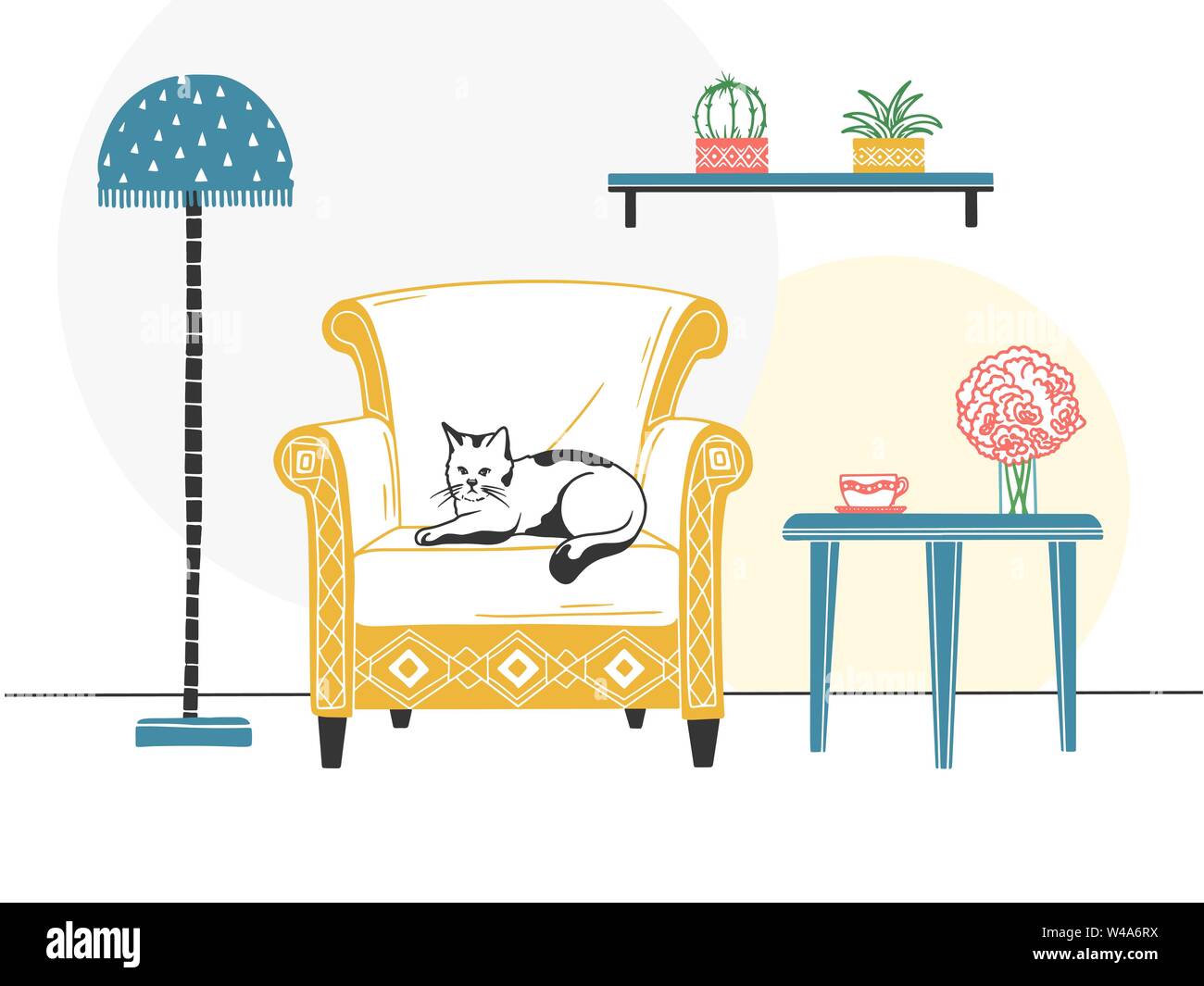 Intérieur de style scandinave. Divers Meubles et objets d'intérieur. Fauteuil, chat sur la chaise. Animal de compagnie. Illustration de Vecteur