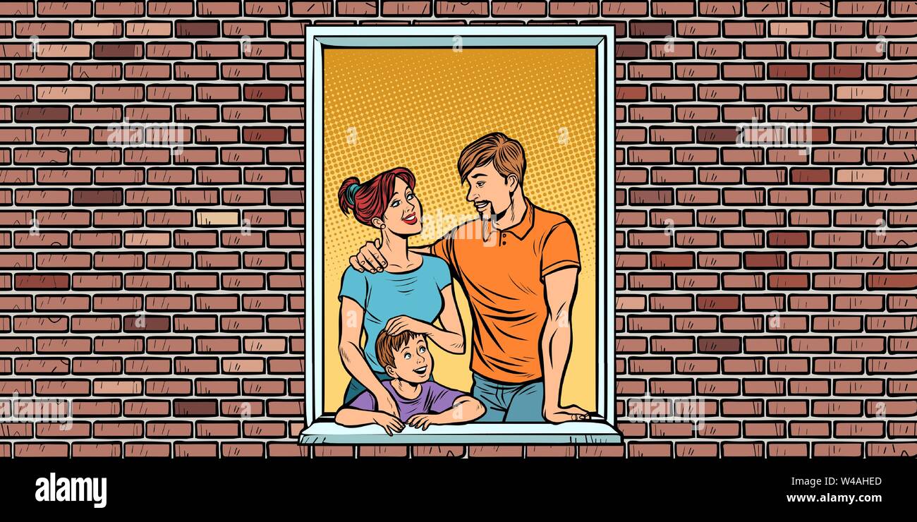 Une jeune famille avec un garçon fils dans la fenêtre de la chambre Illustration de Vecteur