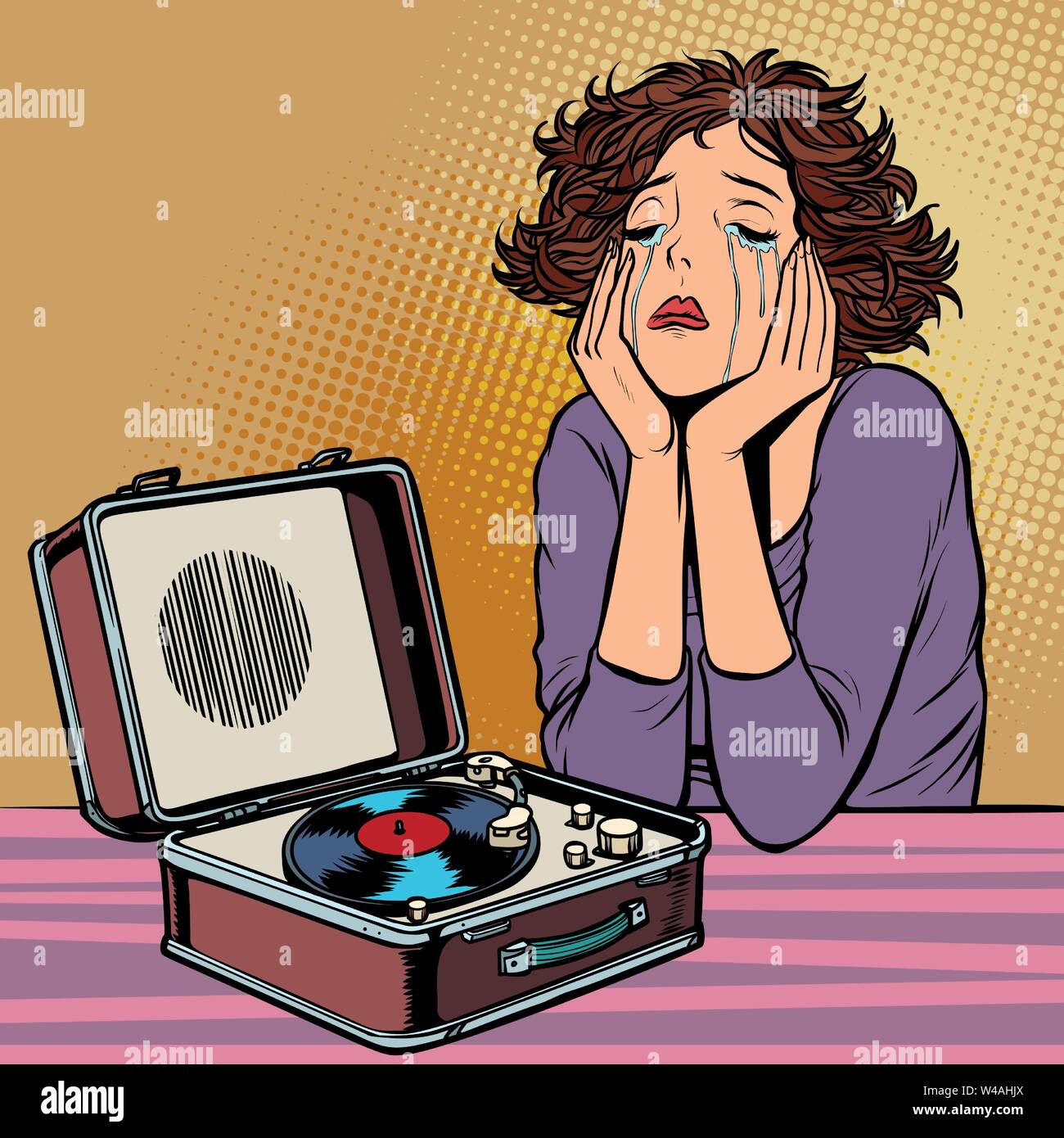 Femme à l'écoute de la musique triste, retro vinyl record player Illustration de Vecteur