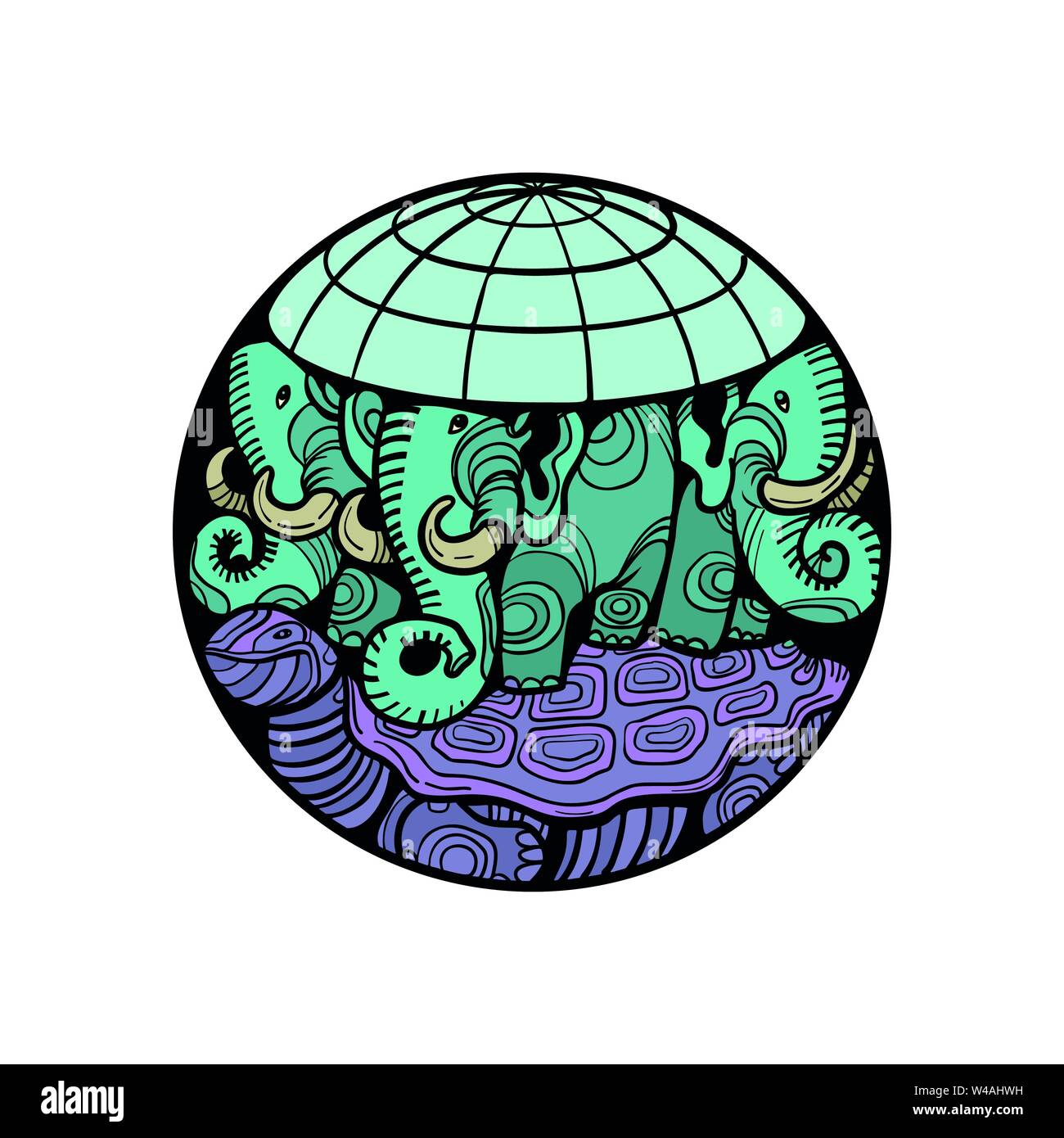 La planète terre disque repose sur un éléphant, et une tortue Illustration de Vecteur