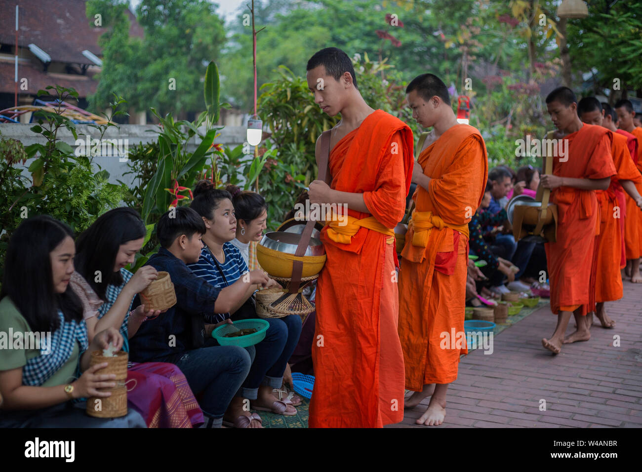 Les gens l'aumône à de jeunes moines bouddhistes dans la rue tôt le matin à Luang Prabang, Laos. Le rituel s'appelle Tak Bat. Banque D'Images