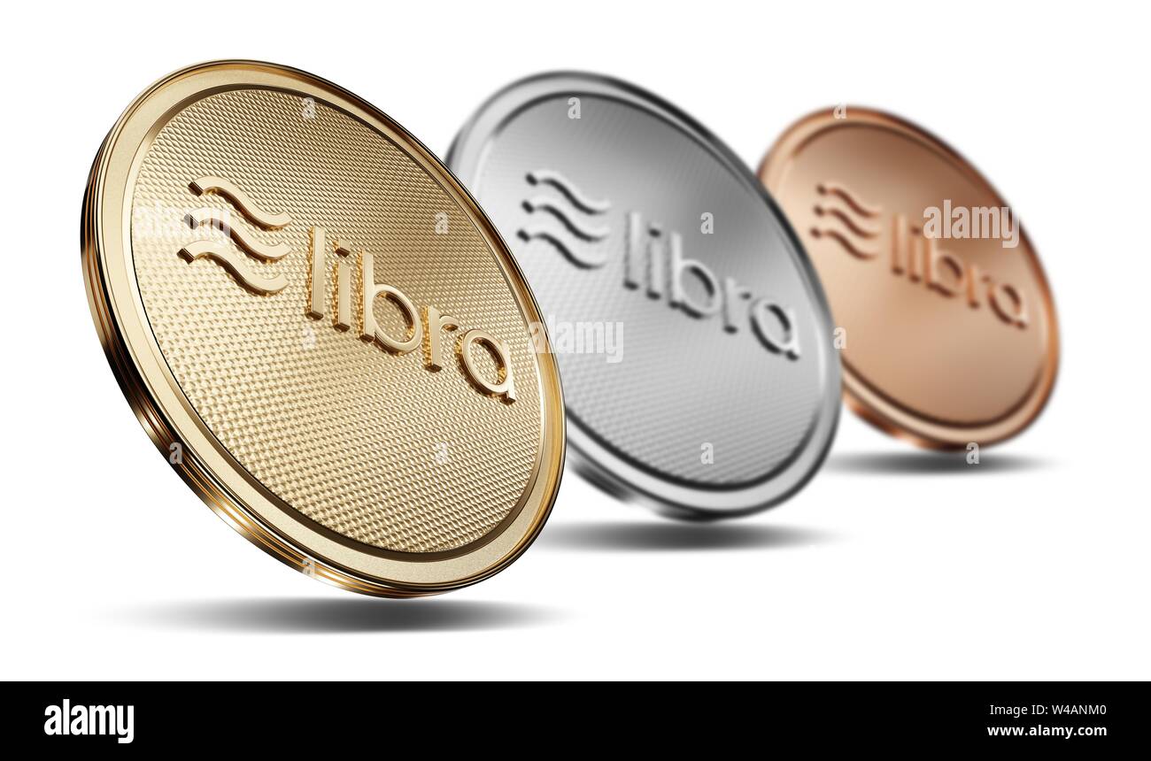 Concept d'or, argent et cuivre, la balance des pièces. Nouveau projet de paiement en monnaie numérique crypto. Pièce de rendu 3D placée sur un fond blanc. Banque D'Images