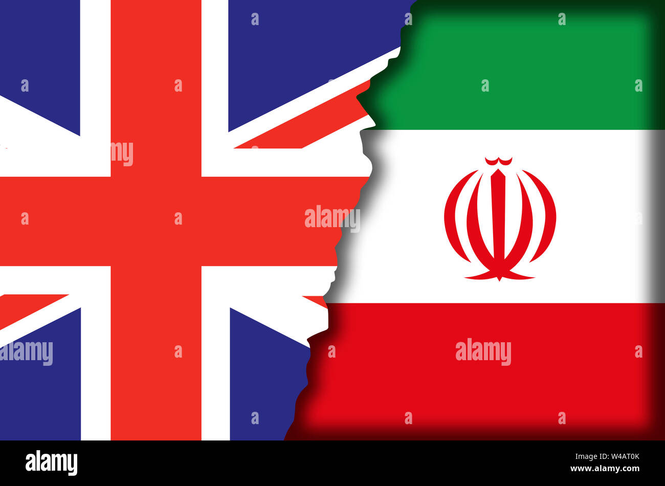 L'Iran Royaume-uni symbolisé la confrontation avec les Britanniques et les drapeaux déchirés iranien se chevauchent les uns les autres Banque D'Images