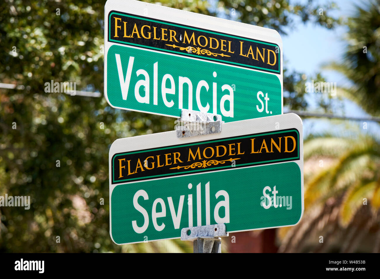 L'influence espagnole de Valence et Séville les noms de rues en rues modèle flagler terres dans le quartier historique de Saint Augustine en Floride US USA Banque D'Images