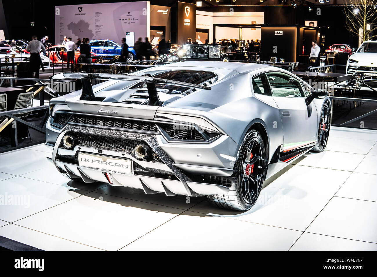 Bruxelles, Belgique, Jan 2019 Lamborghini argenté ouragan performante, Bruxelles Salon de l'automobile, voitures de rêve, fabriqué par l'Italien Lamborghini supercar Banque D'Images