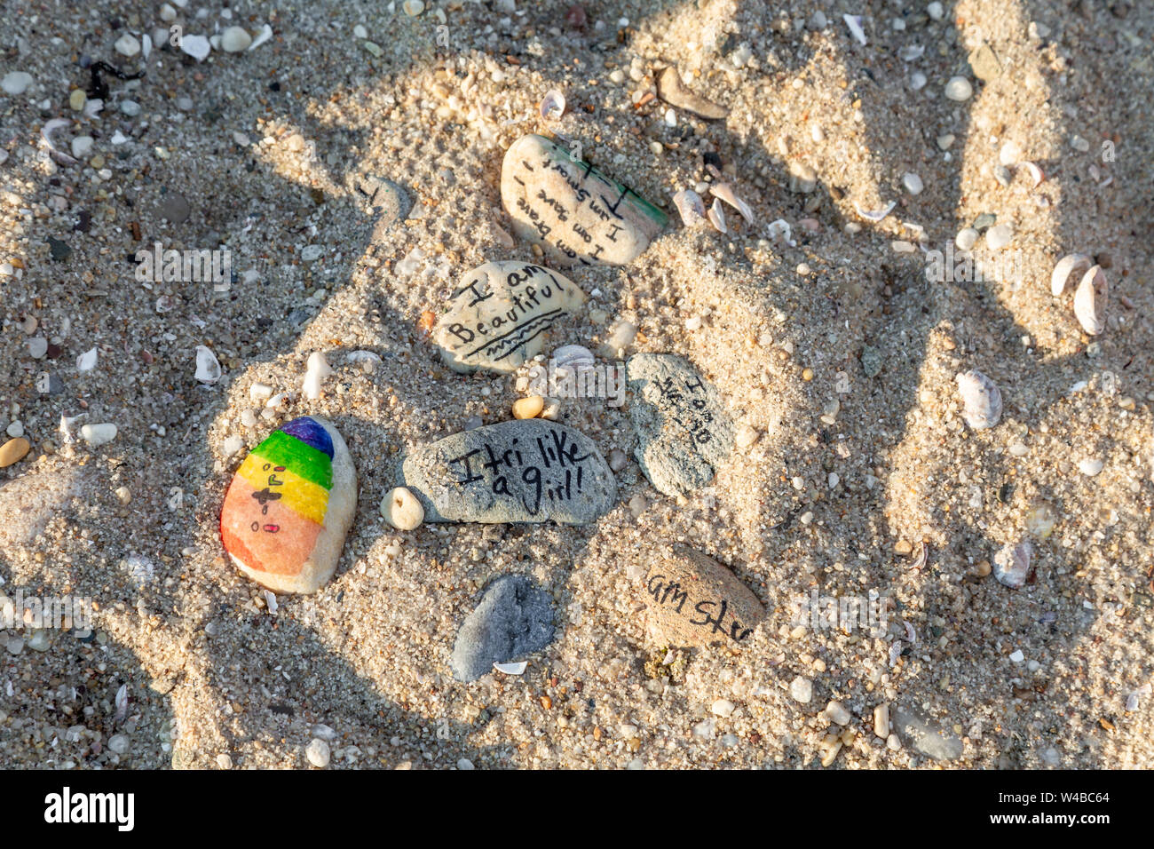 Les roches trouvés sur une plage avec des mots et des expressions écrites sur eux Banque D'Images