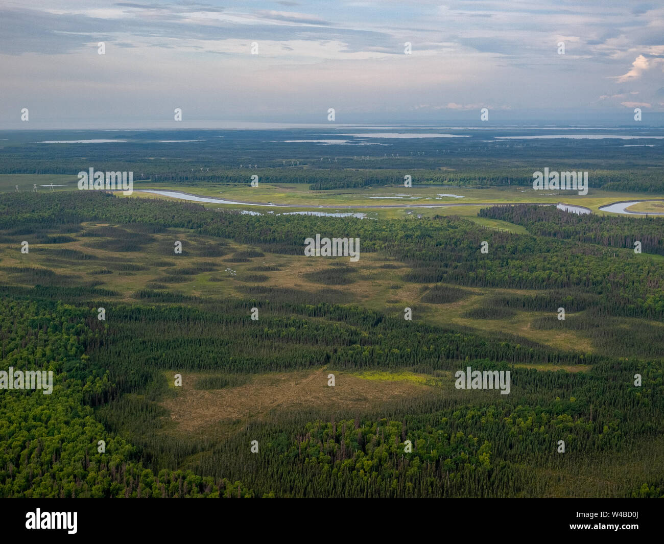 Vol de Piper Super Cub de l'aéroport de Anchorage Lake Hood PALH à Alexander Creek. Rivière Susitna, point Mackenzie. Entrée de cuisson. Pneus de toundra. Plan de bague. Banque D'Images