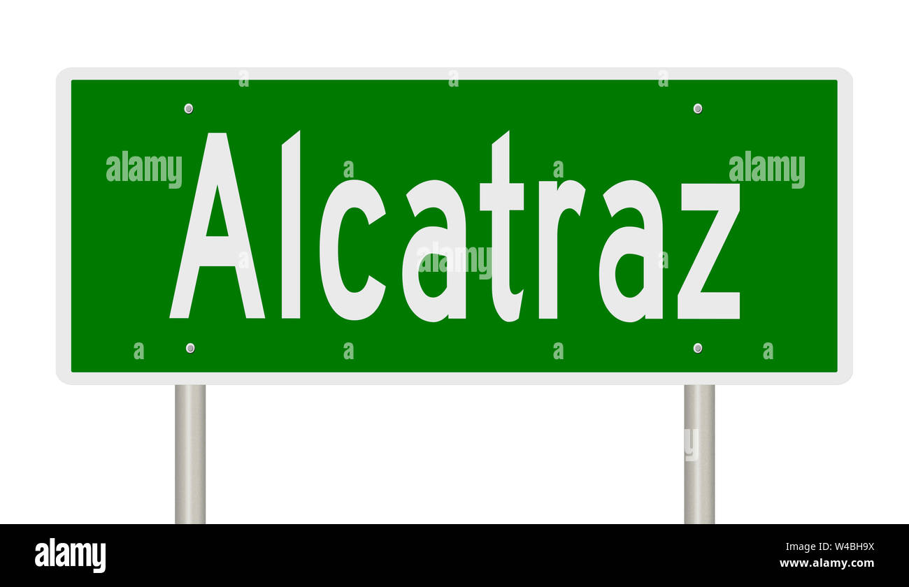 Un rendu d'un livre vert panneau routier pour Alcatraz Californie Banque D'Images