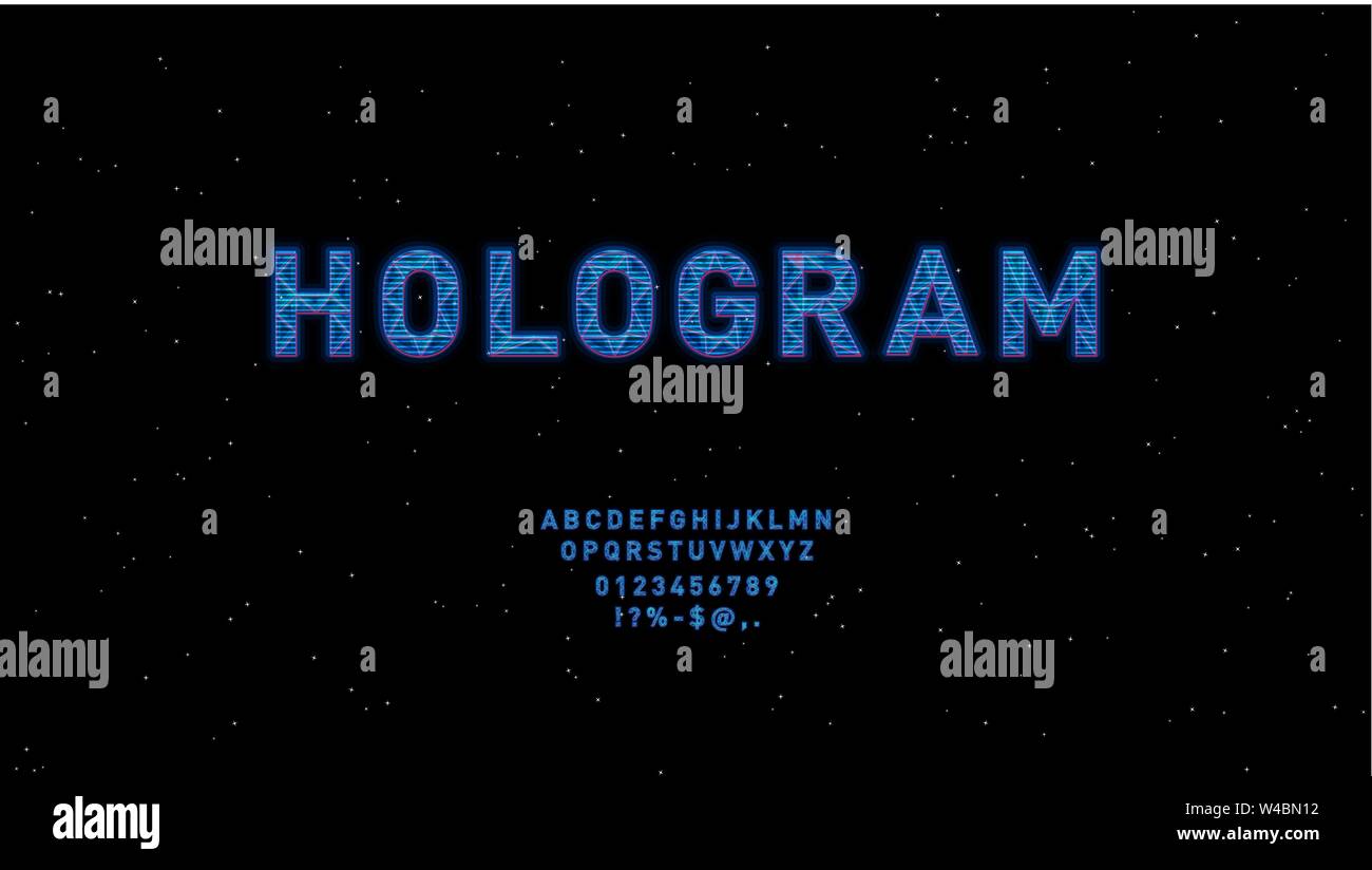 HUD blue Futuristic Hologram vector font du design. Alphabet anglais avec effet d'hologramme. Style hi-tech numérique des lettres et des symboles. Typographie design Illustration de Vecteur