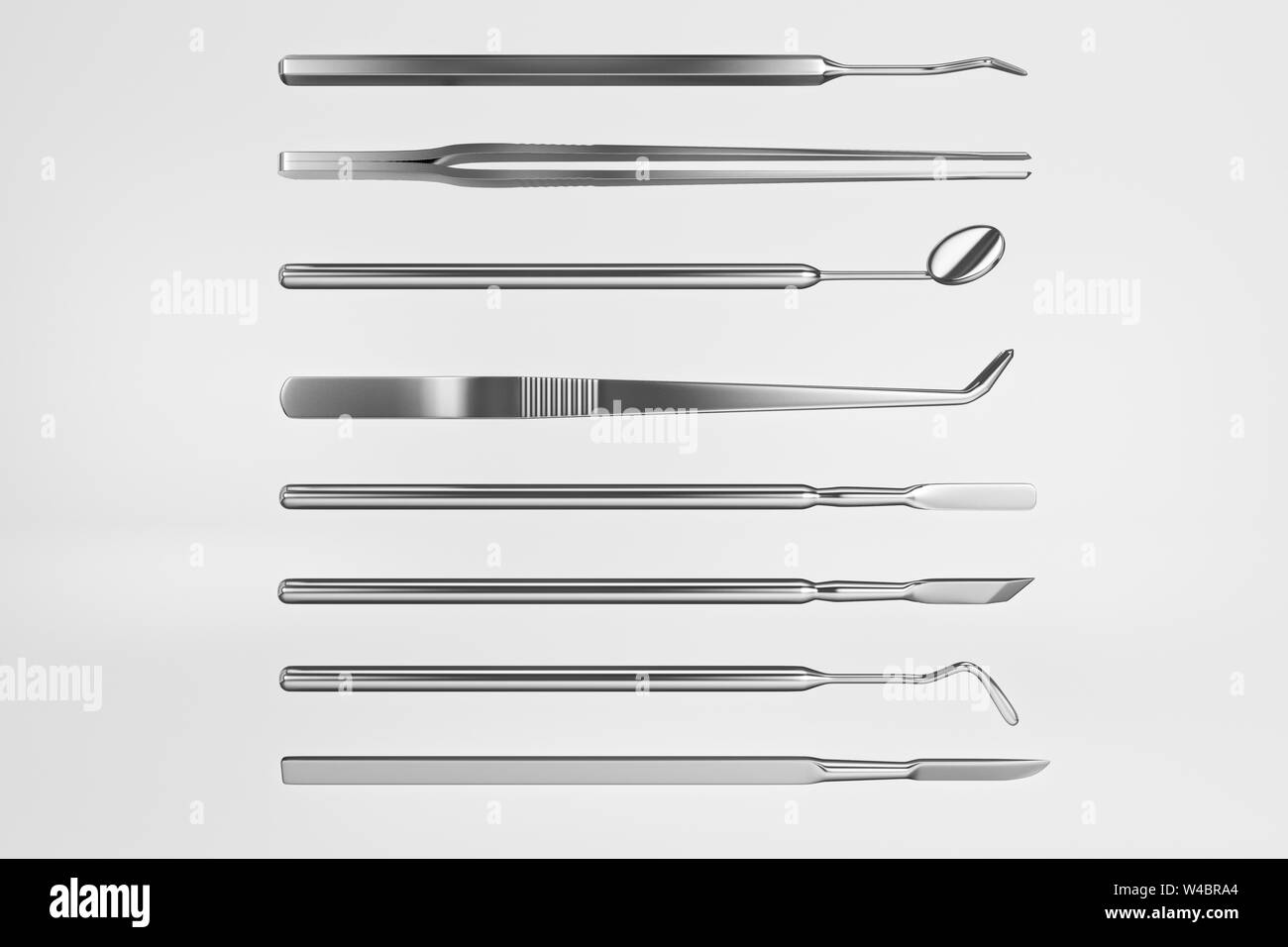 Image d'un outils de dentiste sur un fond blanc. Ensemble d'outils pour inspecter dentiste des dents. Le rendu 3D. Banque D'Images