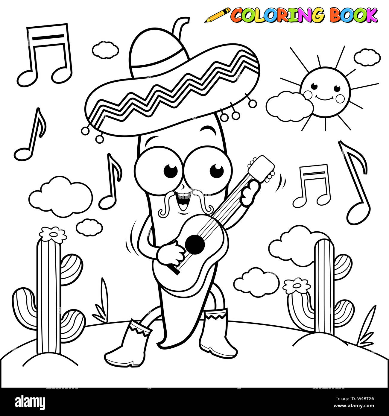 Illustration noir et blanc d'un piment mariachi à la guitare, le chant et la danse dans le désert mexicain. Banque D'Images