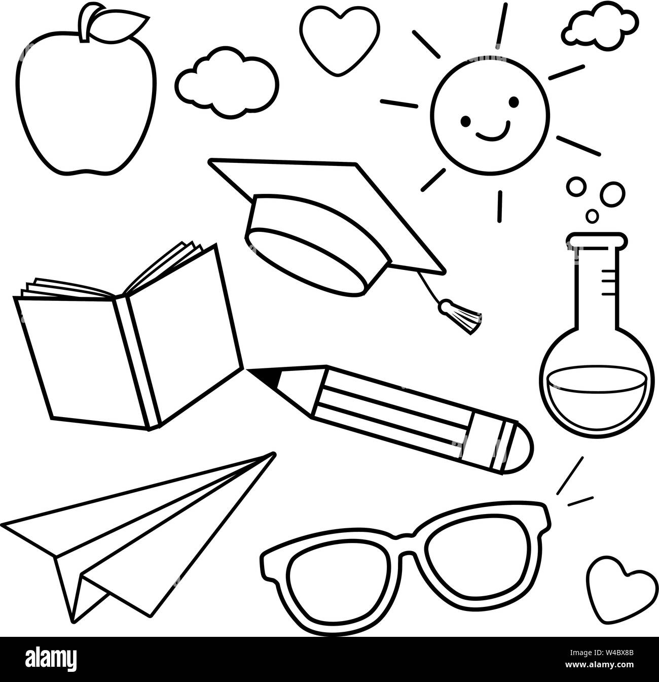 Icônes de croquis sur le thème de l'école. Fournitures scolaires, symboles scientifiques, griffonnages de thème d'étude. Page de coloriage noir et blanc vectoriel. Illustration de Vecteur