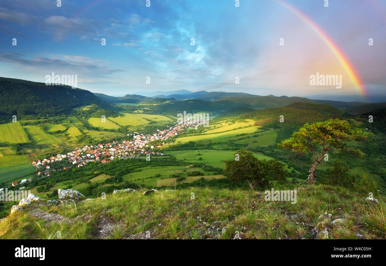 La forêt de montagne avec rainbow - Slovaquie Banque D'Images