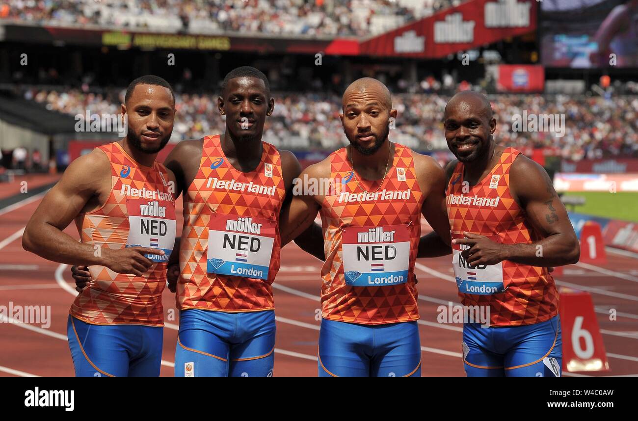 Londres, Royaume-Uni. 21 juillet 2019. La Dutch mens 4 x 100m de l'équipe de relais après avoir fini 3ème et a fixé un record national. Christopher Garcia, Taymir Burnett, Hensley Paulina et Churandy Martina (NED). Jeux anniversaire d'athlétisme. Le stade de Londres. Stratford. Londres. UK. Garry Bowden/SIP Crédit photo agency/Alamy Live News. Banque D'Images