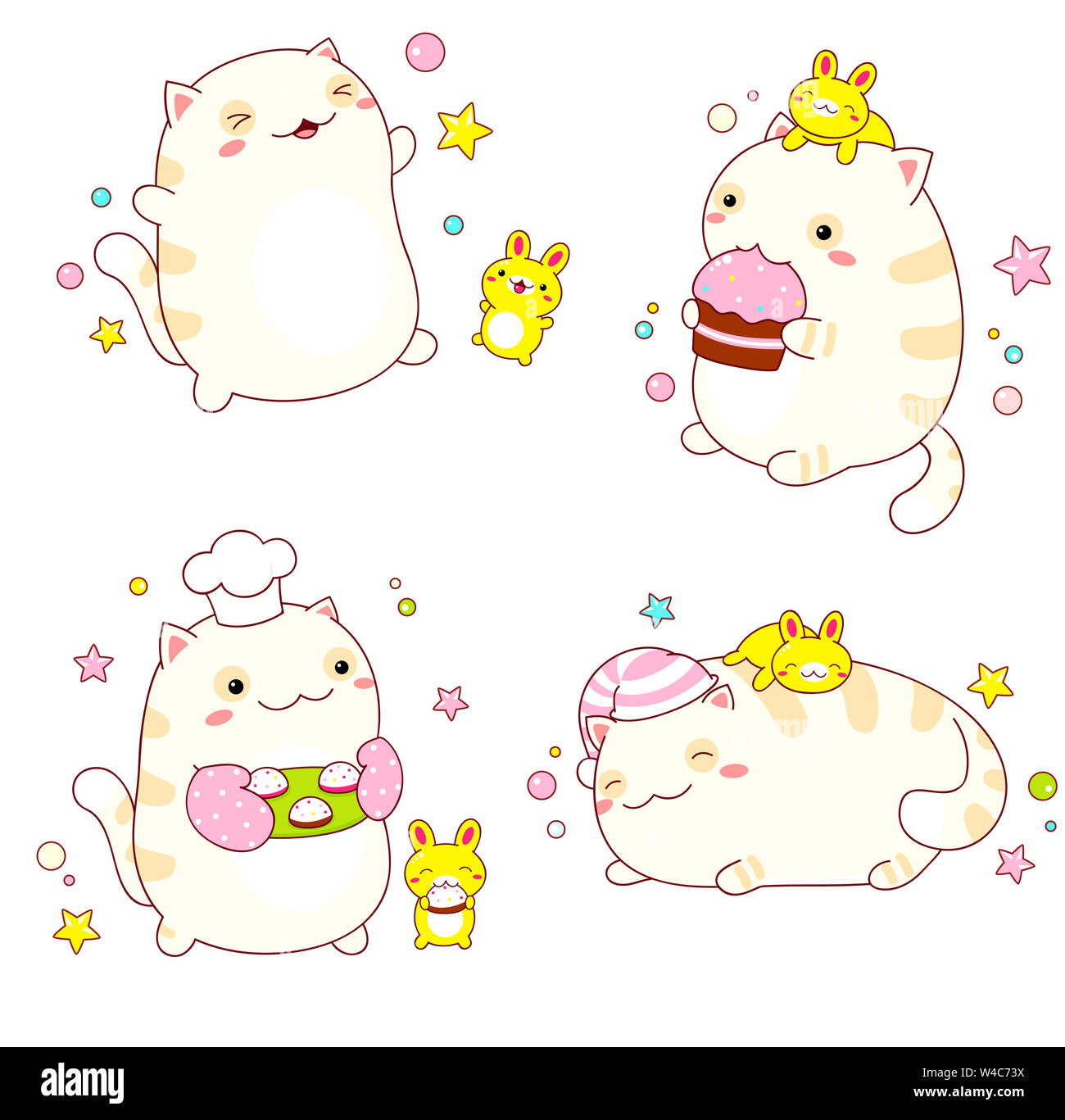 Collection d'autocollants avec hearts - chat et lapin dans le style kawaii dans différentes situations manger, dormir, courir, jouer. Spe8 Banque D'Images