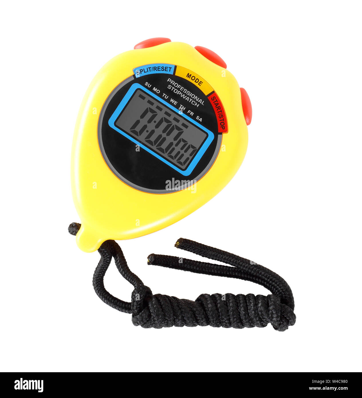 Équipement de sport - Chronomètre électronique numérique jaune sur un fond blanc. Isolé Banque D'Images