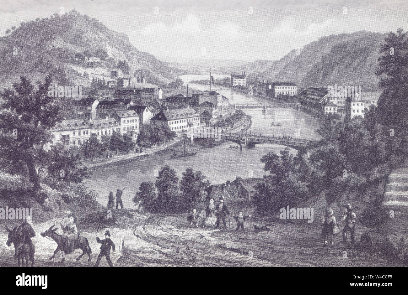 Voir l'illustration historique de Bad Ems par F. Herchnheim vers 1850 Banque D'Images