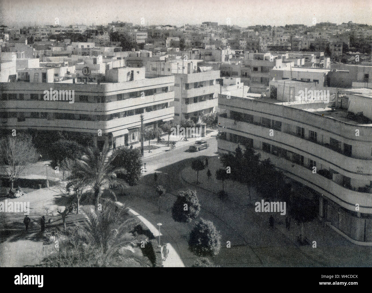 Portrait de la Bergeronnette la place Dizengoff de Tel Aviv, Israël. Photographie en noir et blanc de circa 1940. En 1938, le square a été nommé en l'honneur de la Bergeronnette (Zina Dizengoff) l'épouse du premier maire de Tel-Aviv, Meir Dizengoff. Banque D'Images