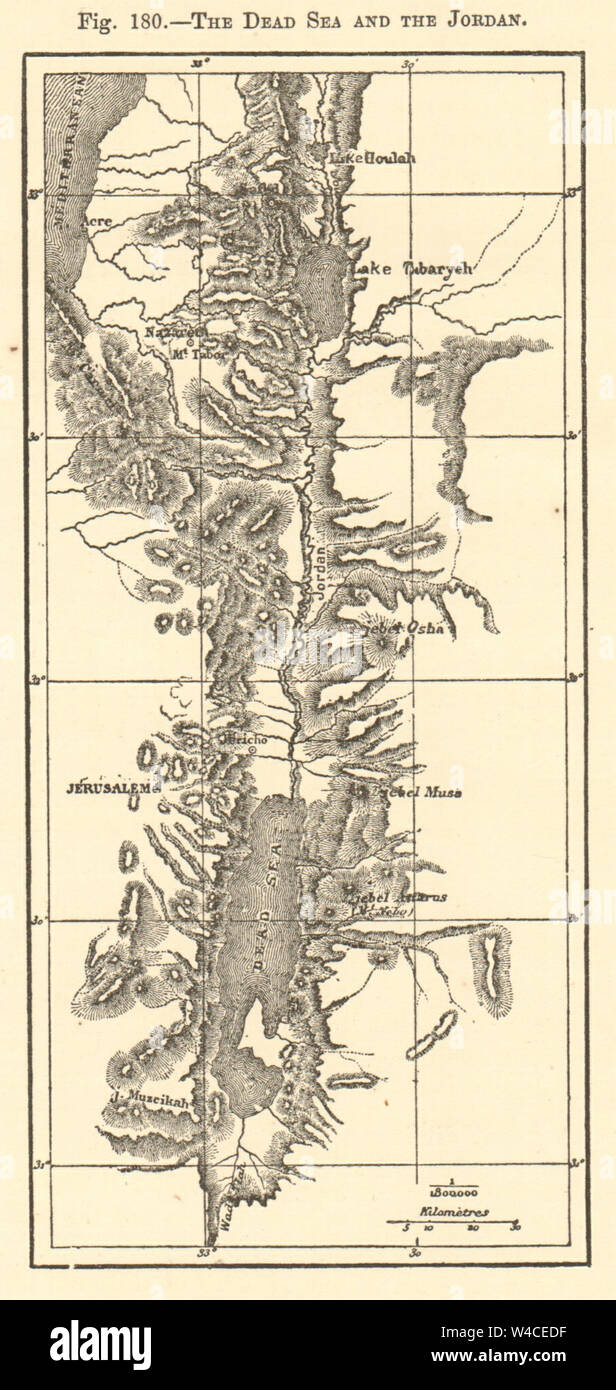 La mer Morte et le Jourdain. Israël. Croquis 1886 ancienne Banque D'Images
