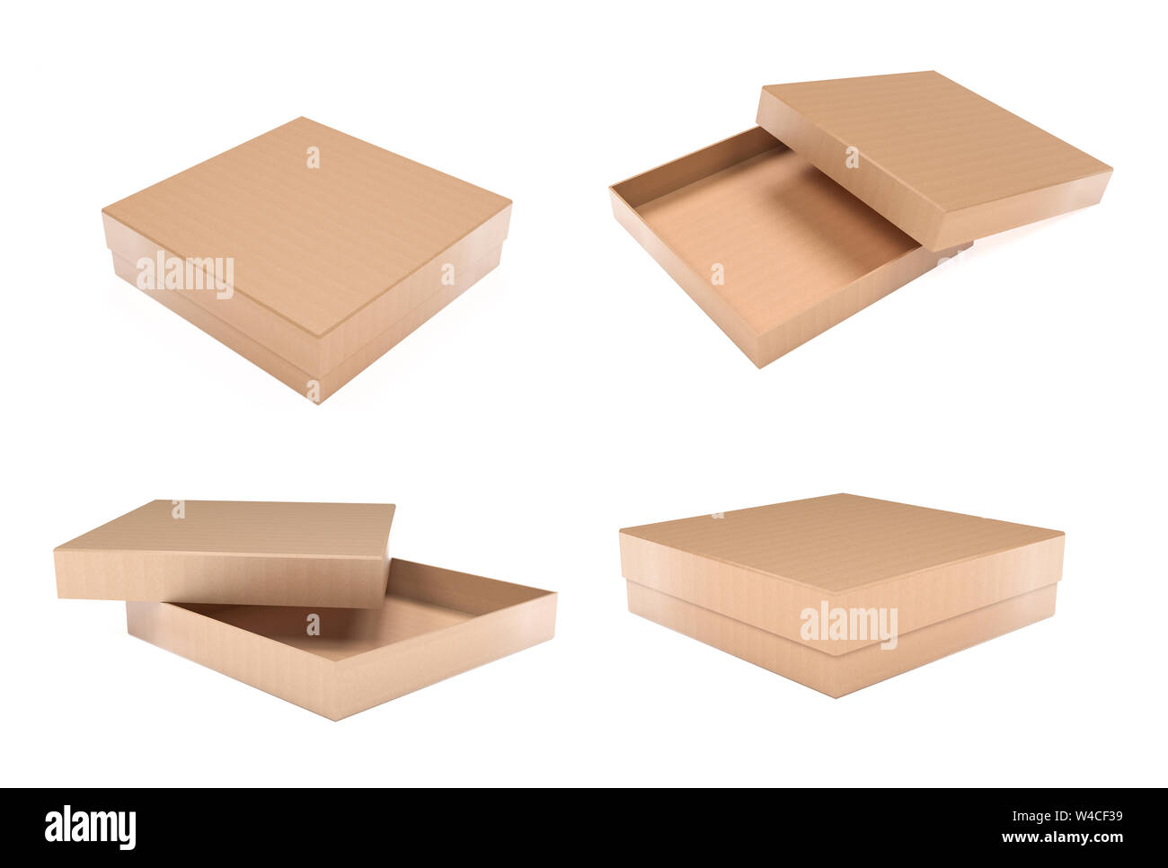 Boîte à pizza. Ouvert et fermé. Boîte de carton ondulé brun. Le rendu 3d illustration isolé Banque D'Images