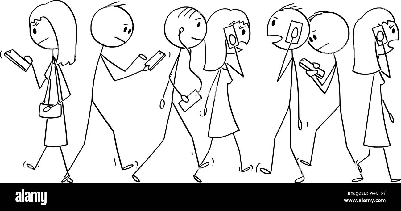 Vector cartoon stick figure dessin illustration conceptuelle du groupe de personnes ou des piétons circulent sur la rue et à l'aide de leur téléphone mobile ou téléphone cellulaire. Illustration de Vecteur