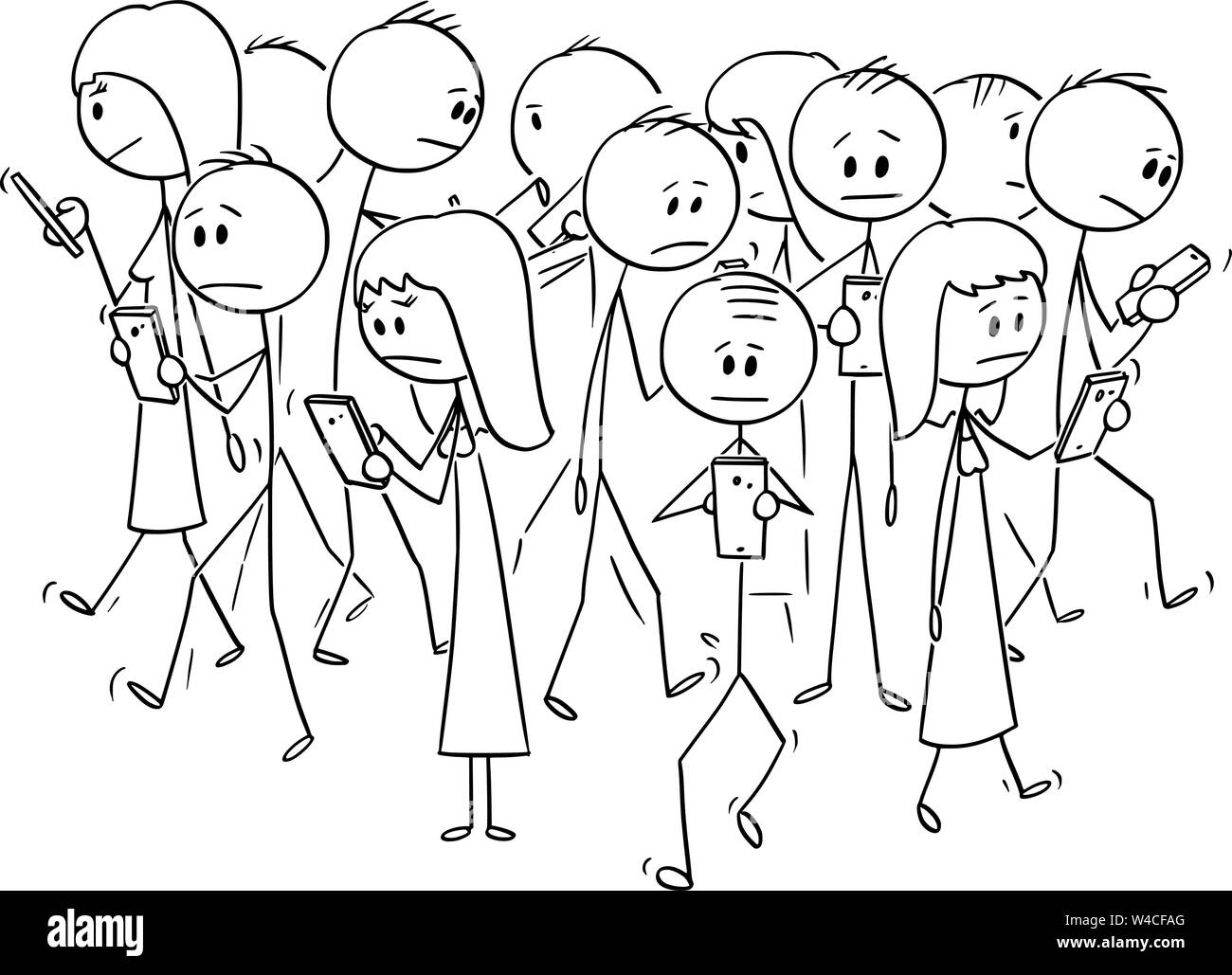 Vector cartoon stick figure dessin illustration conceptuelle du groupe de personnes ou des piétons circulent sur la rue et à l'aide de leur téléphone mobile ou téléphone cellulaire. Illustration de Vecteur