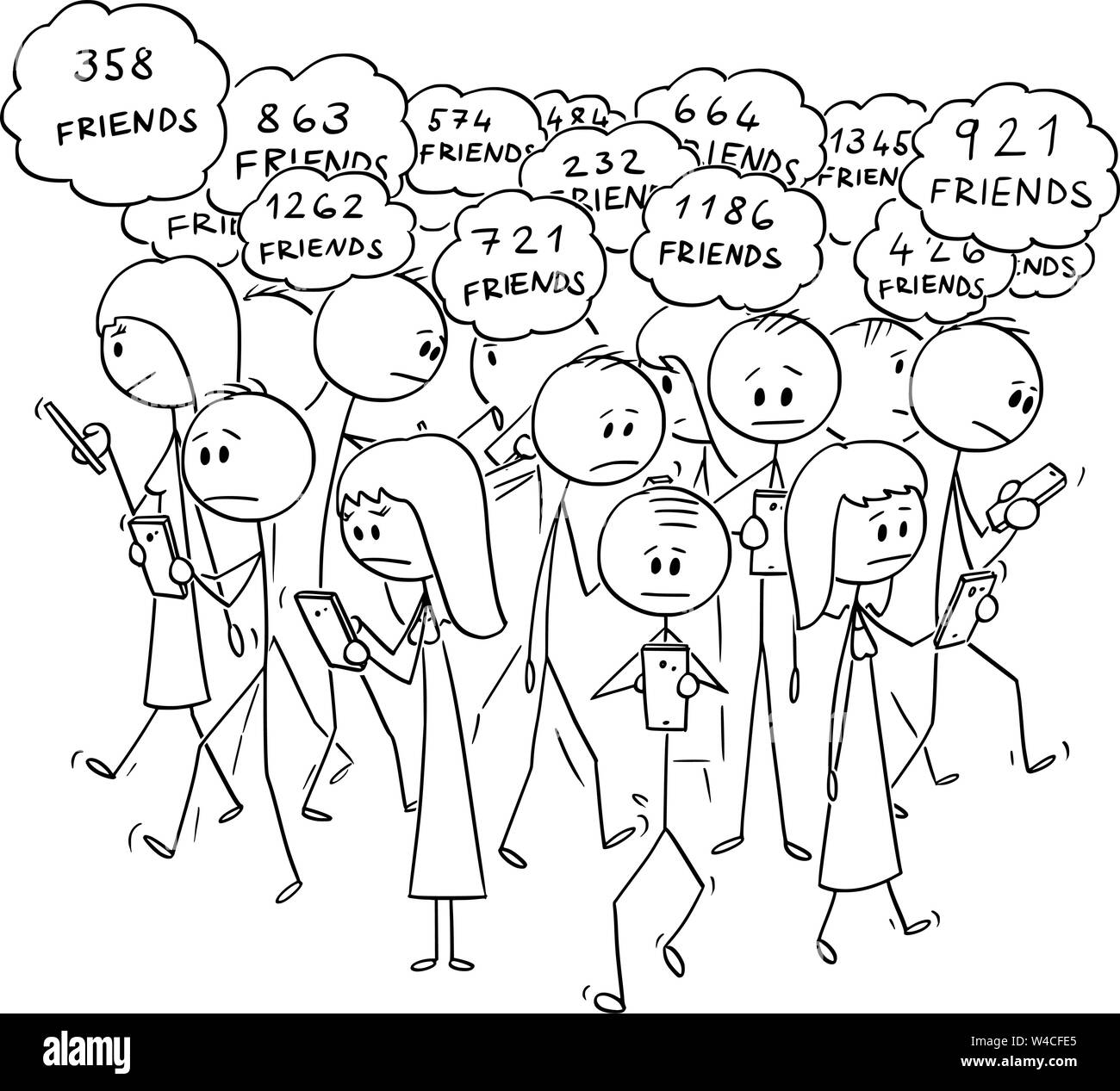 Vector cartoon stick figure dessin illustration conceptuelle du groupe de personnes ou des piétons la marche et l'utilisation des réseaux sociaux en ligne sur les téléphones mobiles, et de penser à vos amis en ligne. Illustration de Vecteur