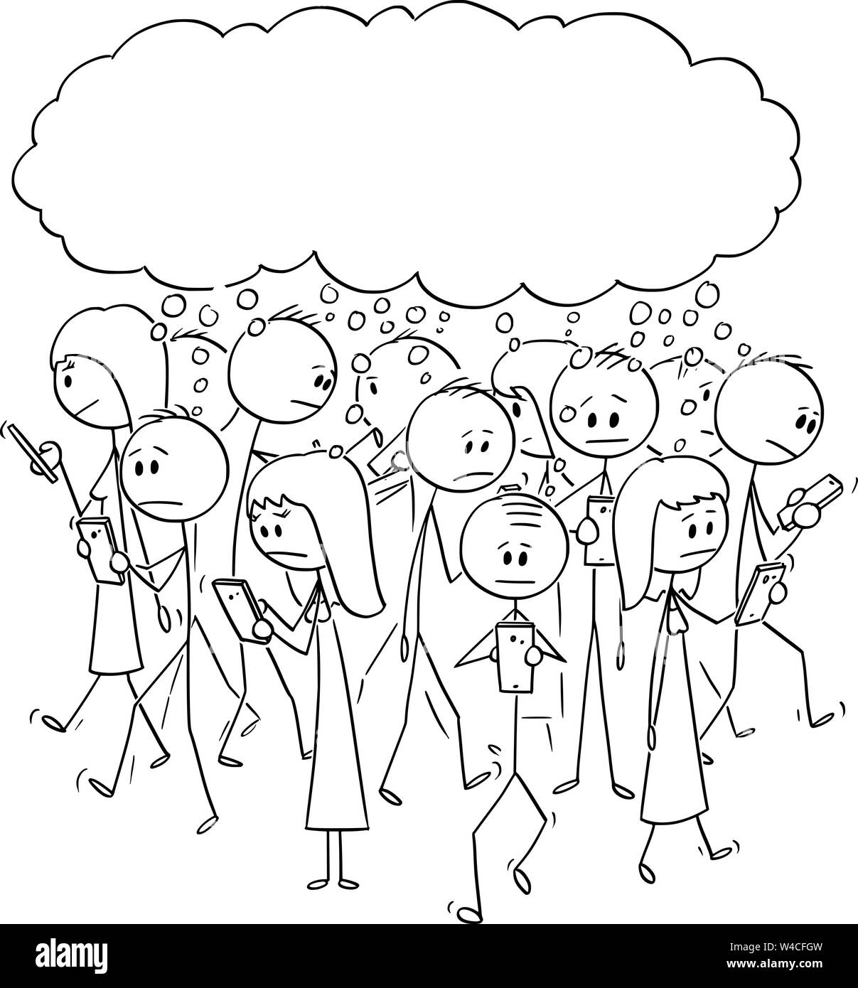 Vector cartoon stick figure dessin illustration conceptuelle de l'ensemble de groupe de personnes ou des piétons circulent sur la rue, et l'utilisation de téléphones mobiles ou téléphones cellulaires et de penser ensemble à quelque chose. Illustration de Vecteur