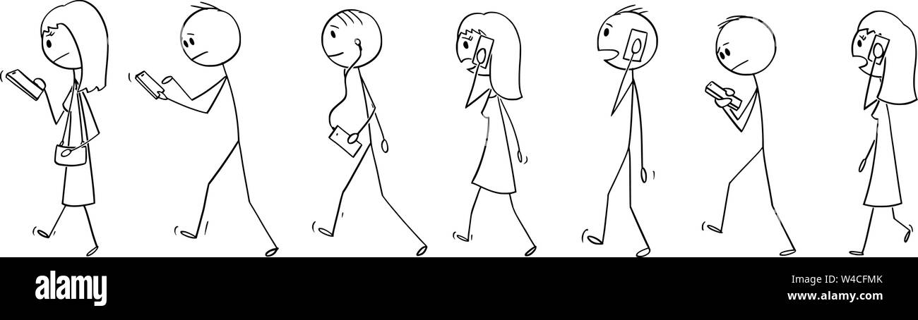 Vector cartoon stick figure dessin illustration conceptuelle de l'ensemble de groupe de personnes ou des piétons circulent sur la rue et à l'aide de leur téléphone mobile ou téléphone cellulaire. Illustration de Vecteur