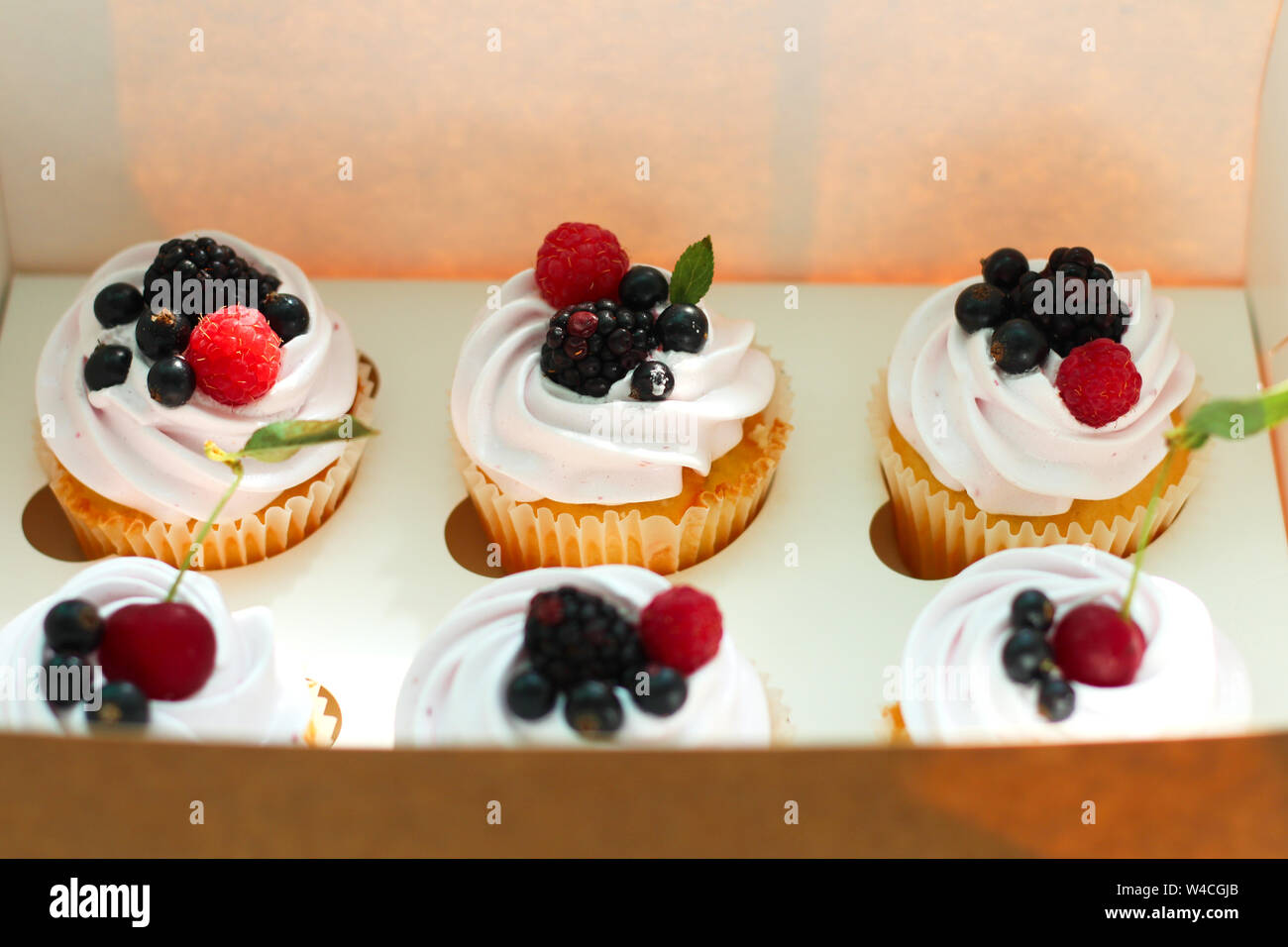 Cupcakes isolés avec de la crème, avec une feuille de cerise, de mûre, de framboise cassis dans un ouvrage fort sur un fond blanc. Banque D'Images