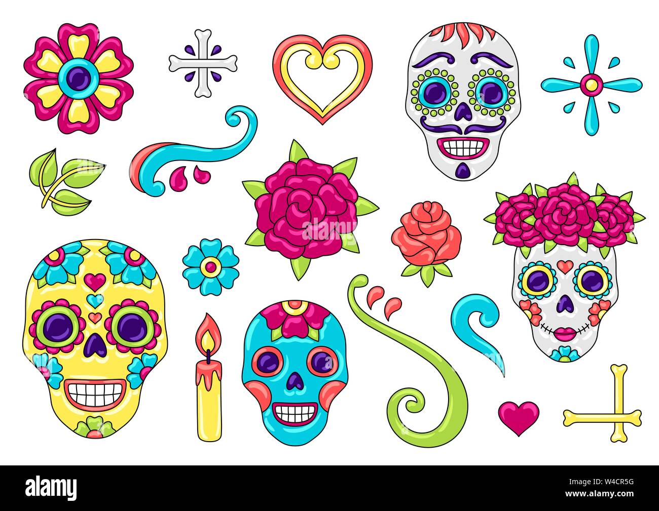 Le Jour des Morts Les postes. Ornement floral avec des crânes de sucre. Illustration de Vecteur