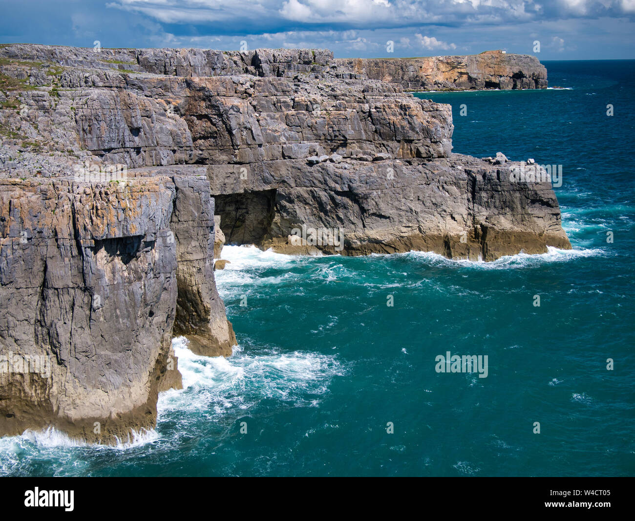 Les falaises de grès côtiers Castlemartin et Saint Govan's Head à Pembrokeshire, Pays de Galles du Sud, Royaume-Uni, montrant strates dans la roche sédimentaire. Banque D'Images