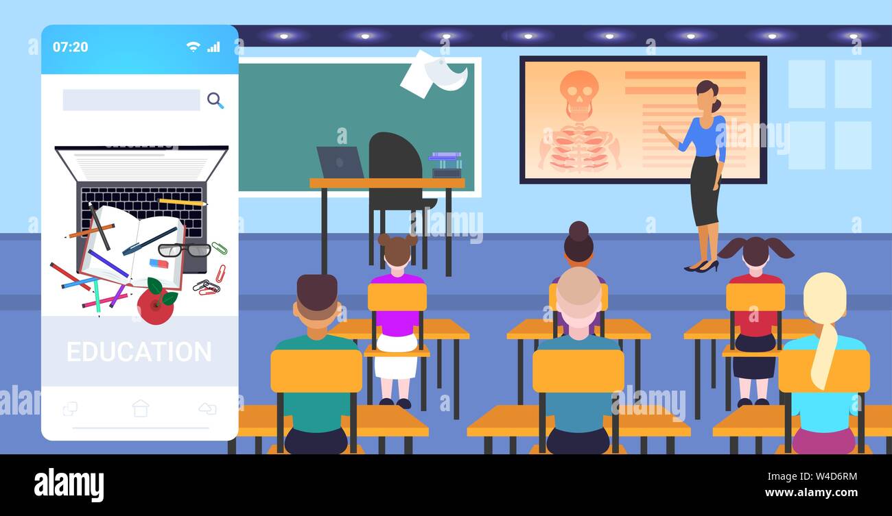 Les élèves assis à un bureau à l'enseignante en biologie squelette leçon d'anatomie l'éducation scolaire en ligne concept mobile app classe moderne Illustration de Vecteur