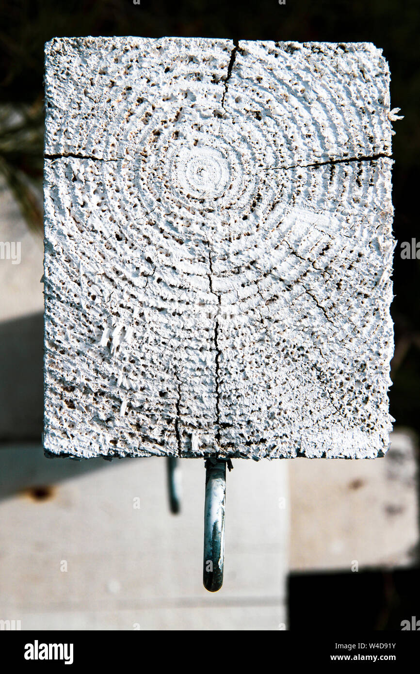 Rustique en bois blanc, message par la mer avec crochets en métal Banque D'Images