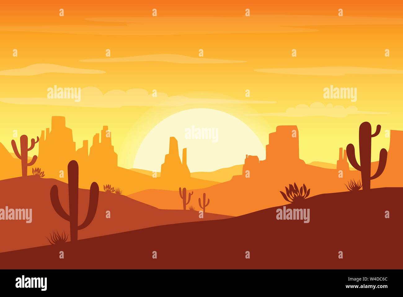 Paysage du désert au coucher du soleil avec cactus et collines en arrière-plan des silhouettes - Vector illustration Illustration de Vecteur