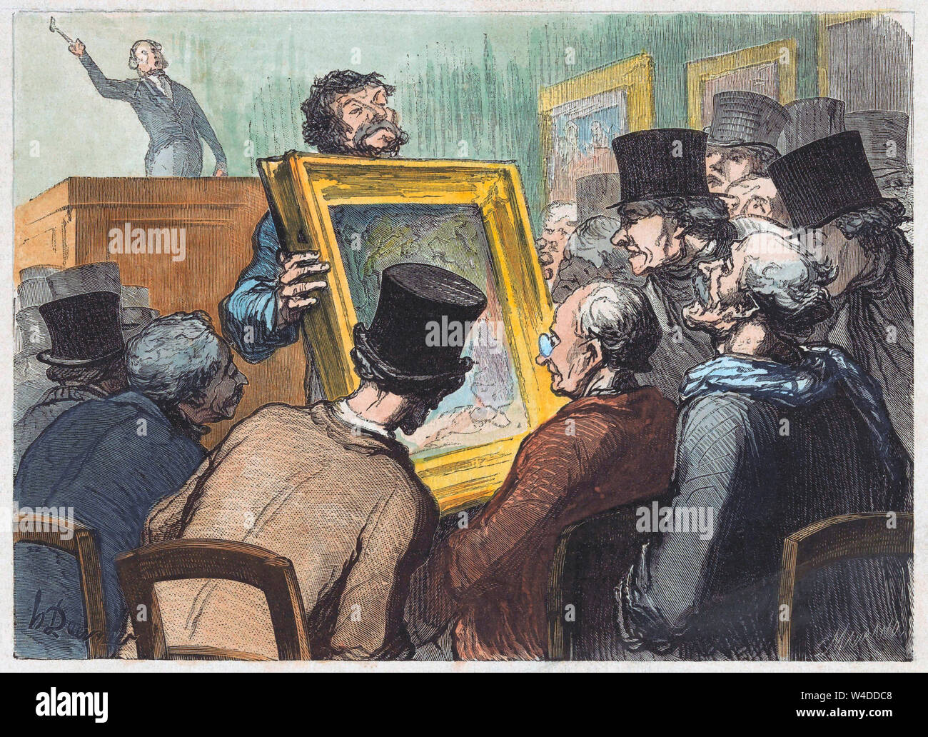 Les amateurs de peinture à une vente aux enchères à l'hôtel de Bouillon. Par graveur Charles Maurand après un travail par Honoré Daumier. Circa 1860's. Banque D'Images