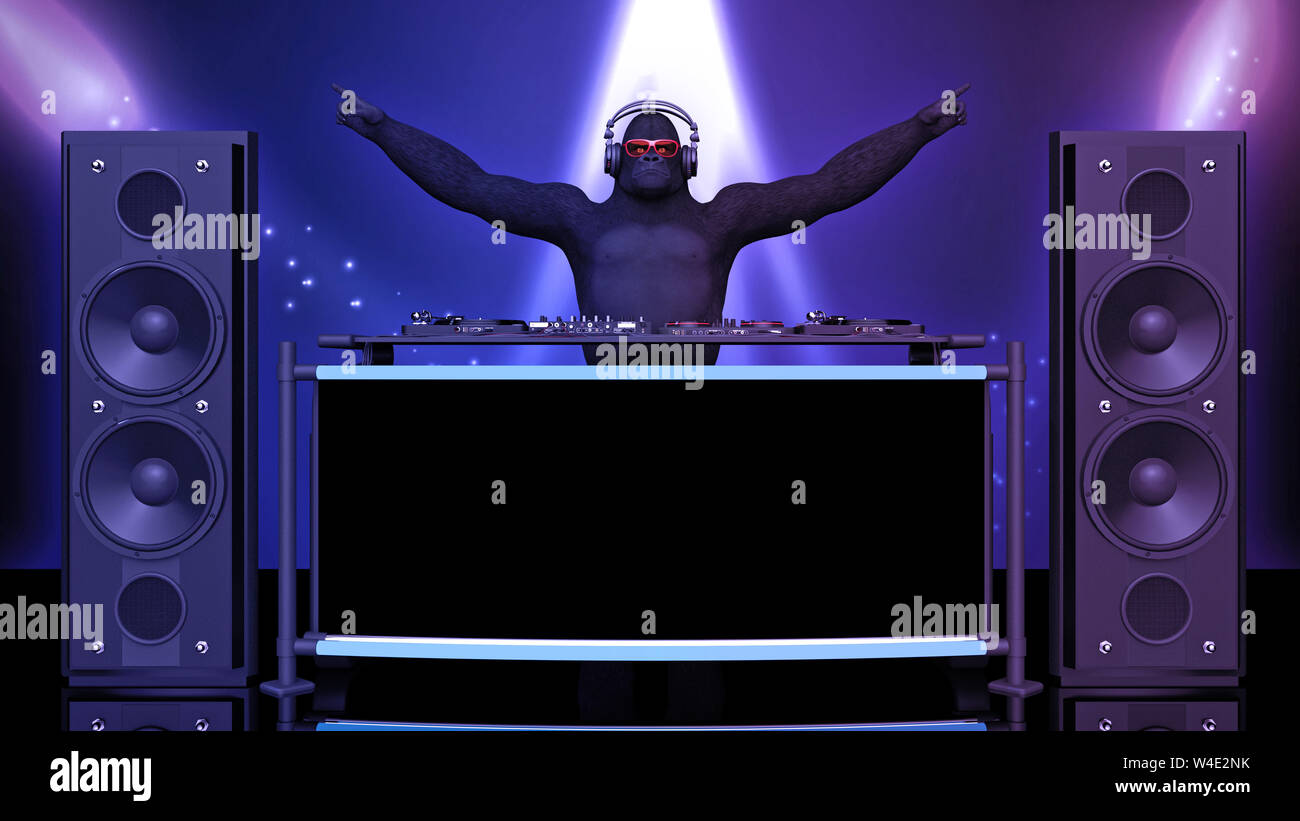 DJ gorille, disc-jockey monkey pointant et jouer de la musique sur la platine, l'ape sur scène avec deejay équipement audio, vue avant, 3D Rendering Banque D'Images