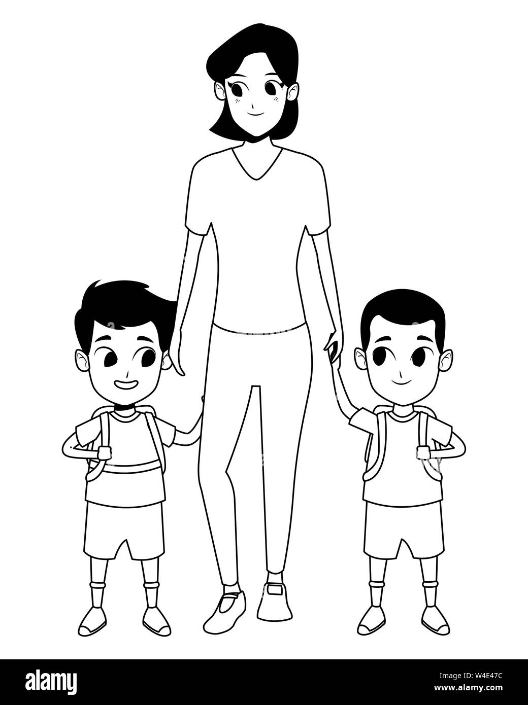 Famille mère seule avec deux enfants en noir et blanc Illustration de Vecteur