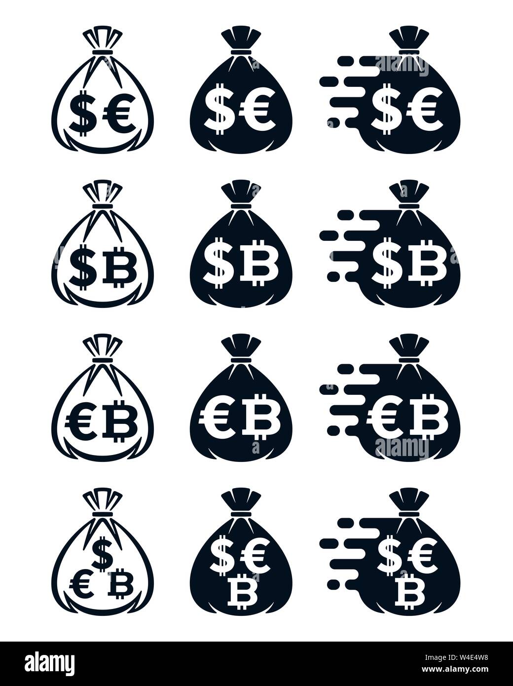 Sac de l'argent avec des icônes différents symboles monétaires. Financial icon design sur fond blanc. Illustration de Vecteur