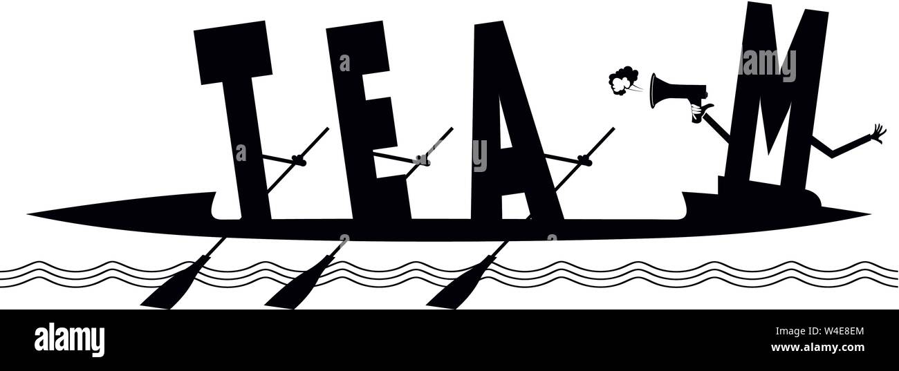 Illustration amusante de l'équipe d'inscription de concept. Les lettres T, E, A avec des oars et M avec le mégaphone se promènissent en kayak noir sur l'illustration blanche Illustration de Vecteur
