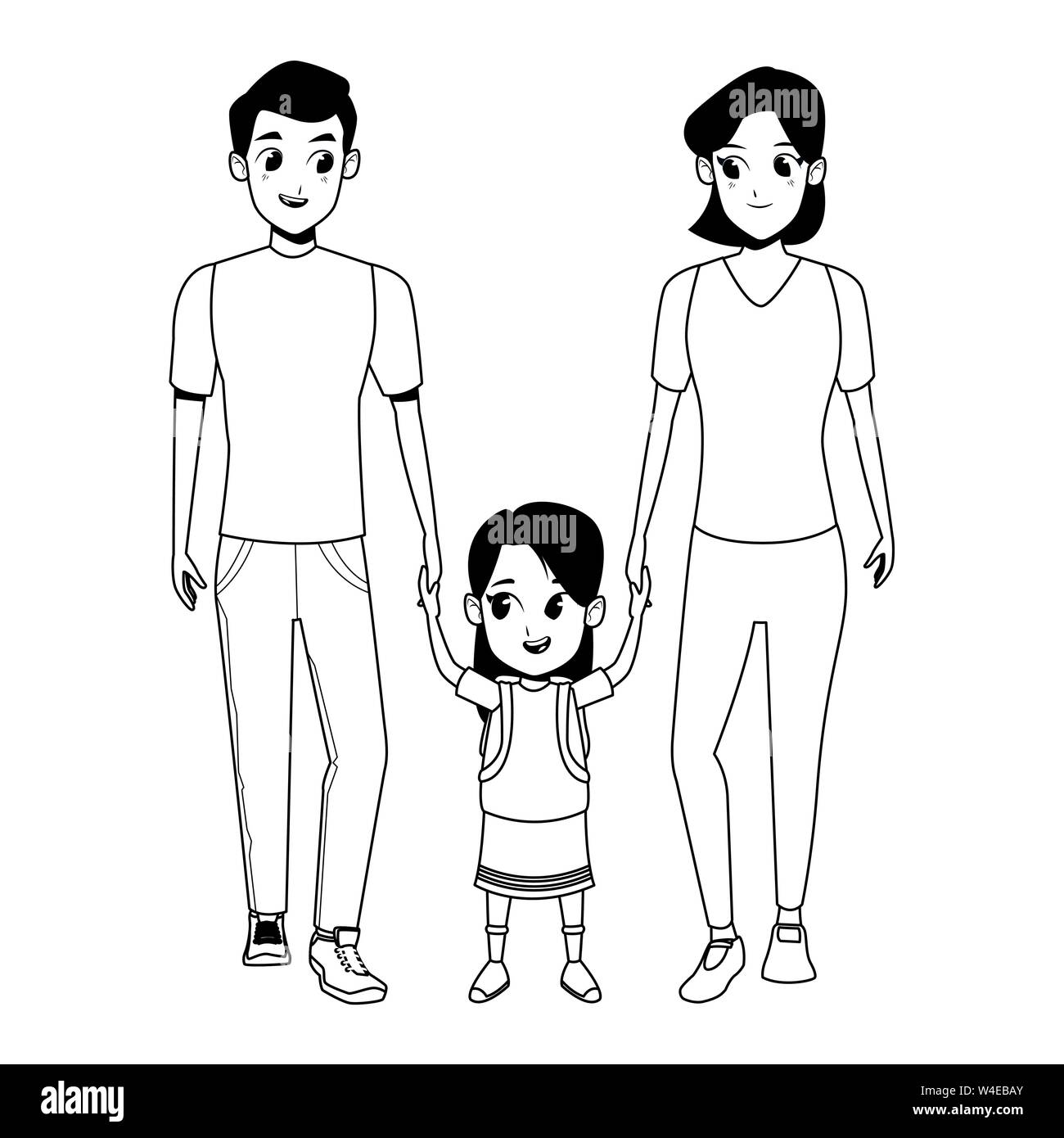 Les jeunes de la famille papa et maman avec sa fille en noir et blanc Image  Vectorielle Stock - Alamy