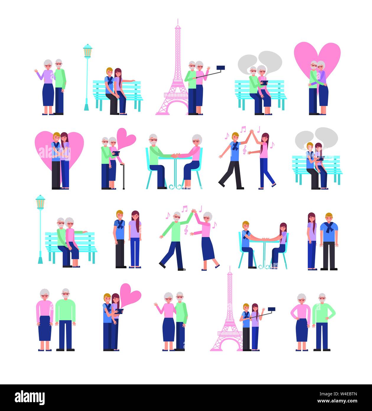 Jeunes et vieux parents couple amoureux personnages Illustration de Vecteur