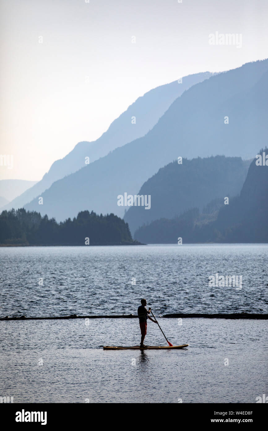 Stand-up Paddleboarding sur le lac Upper Campbell au Strathcona Park Lodge dans le parc provincial Strathcona, près de Campbell River, sur l'île de Vancouver, Colombie Britannique Banque D'Images