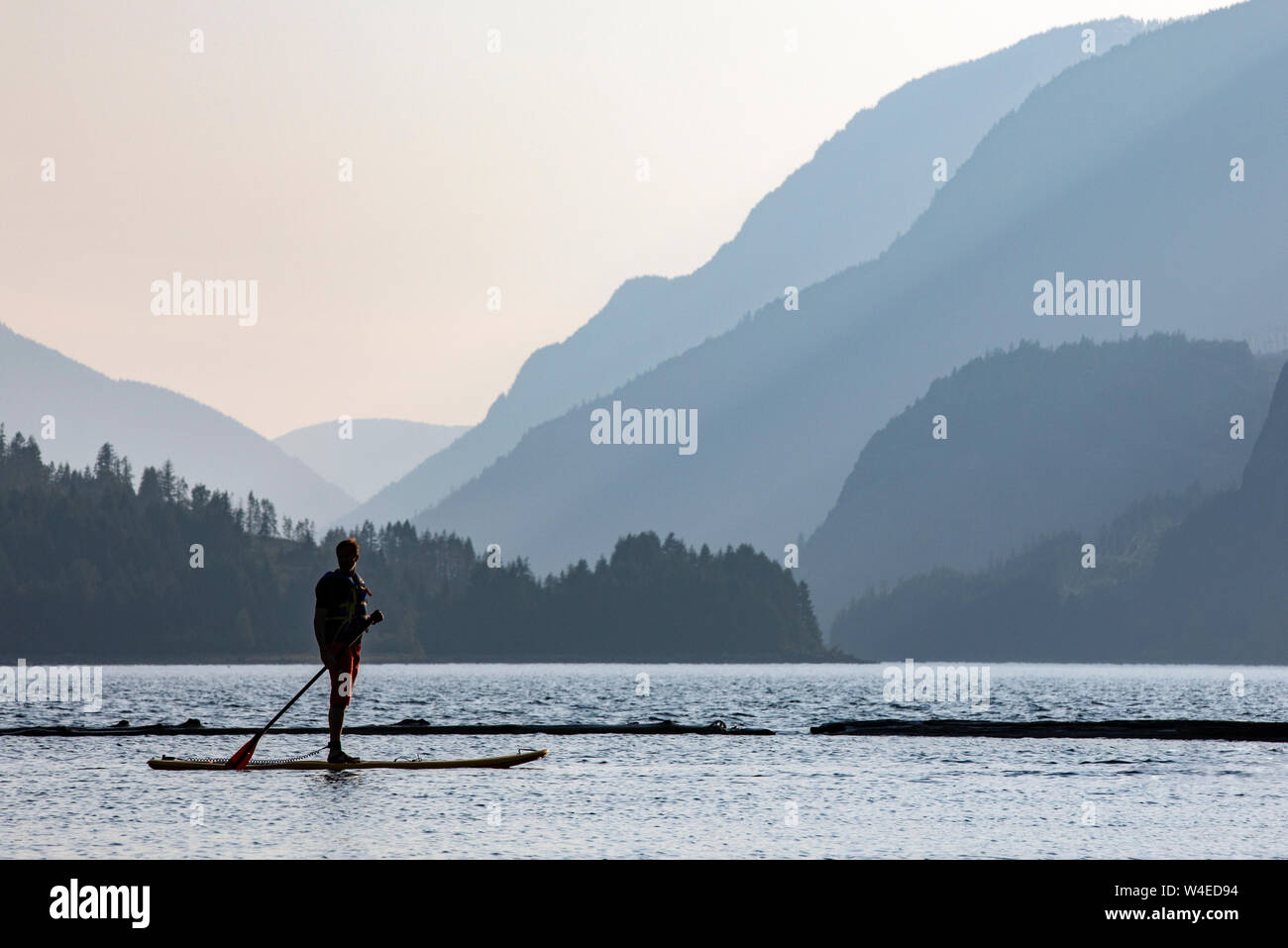 Stand-up Paddleboarding sur le lac Upper Campbell au Strathcona Park Lodge dans le parc provincial Strathcona, près de Campbell River, sur l'île de Vancouver, Colombie Britannique Banque D'Images