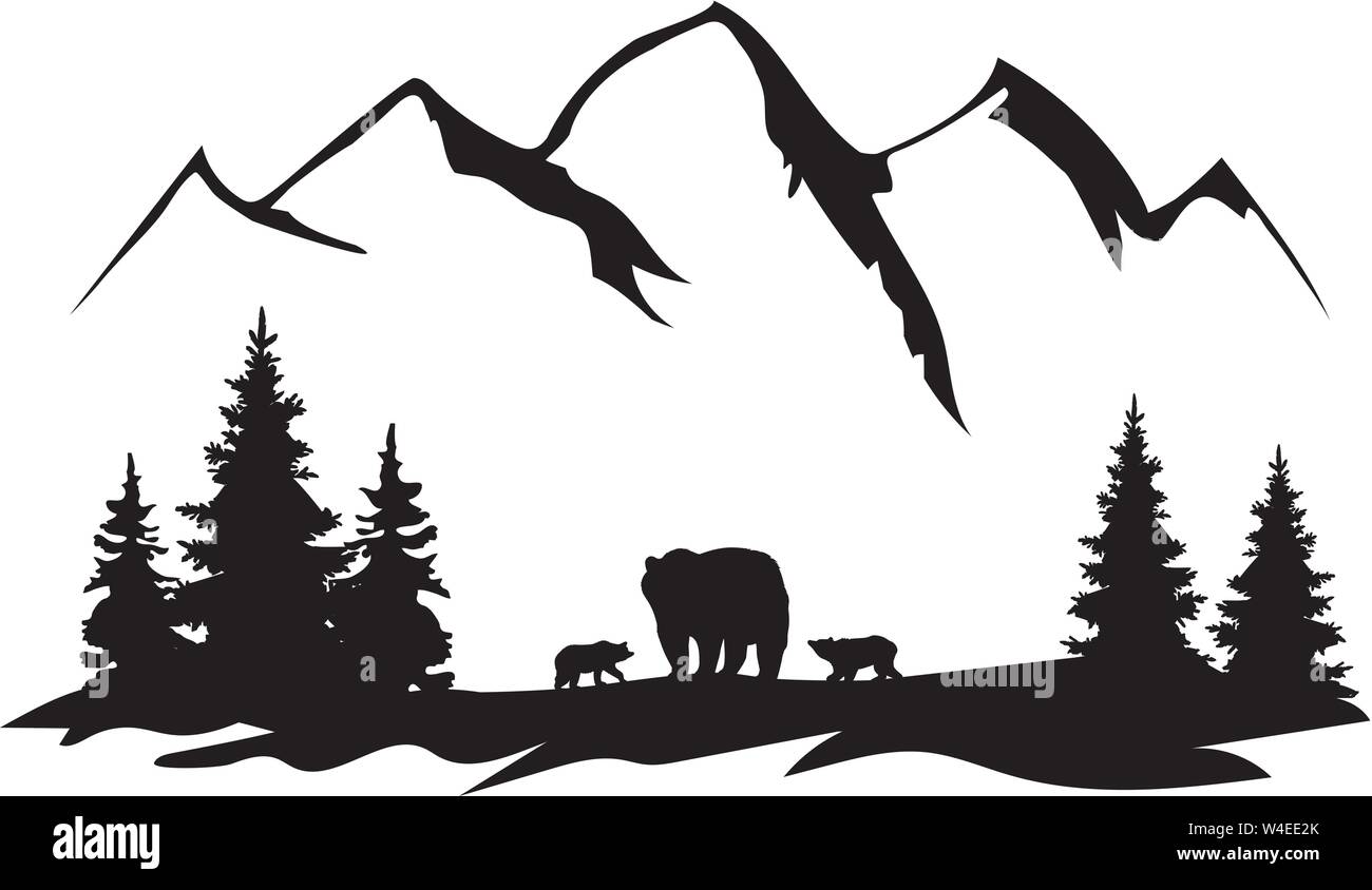 Vector illustration de montagnes, forêts, animaux silhouette. fond nature. Illustration de Vecteur