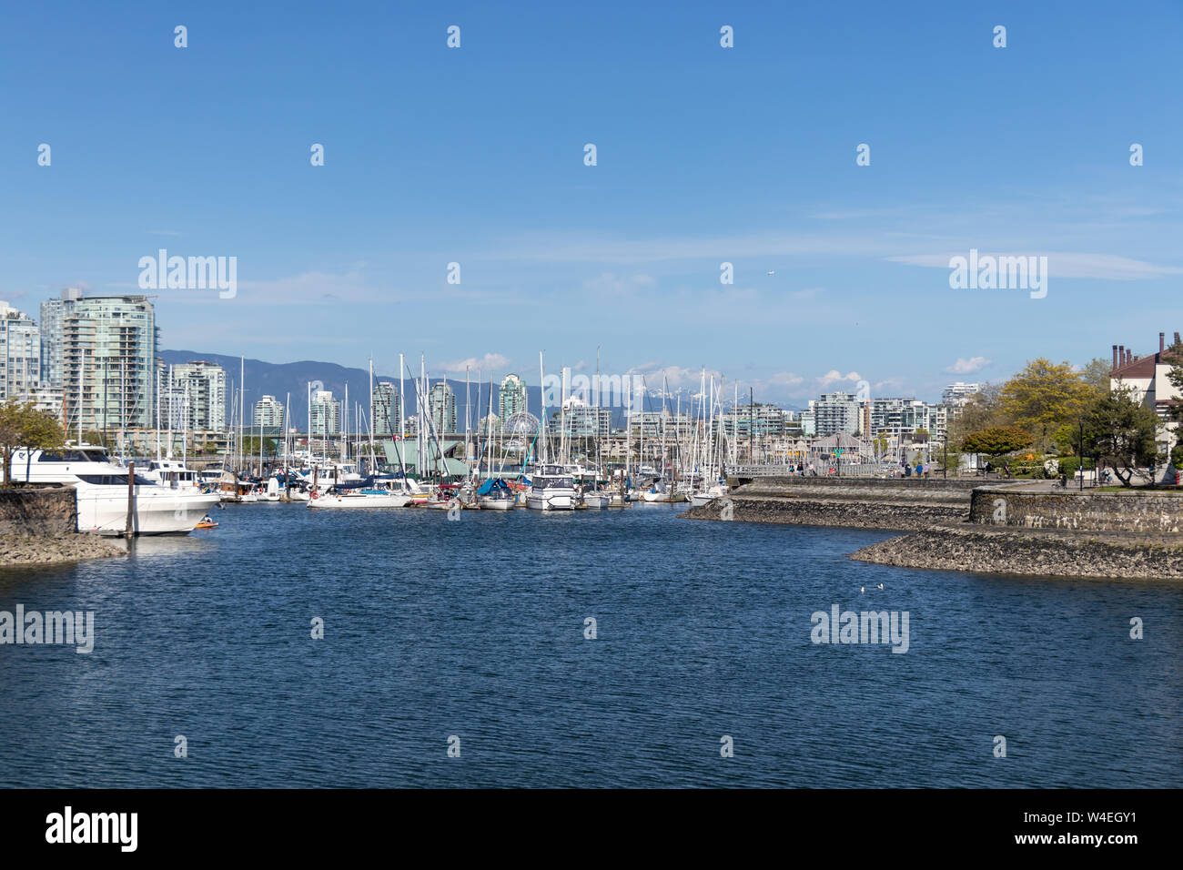 Bateaux/bateaux disponibles dans le port de False Creek avec les montagnes du nord de Vancouver en arrière-plan, ainsi que les condos et Science World. Banque D'Images