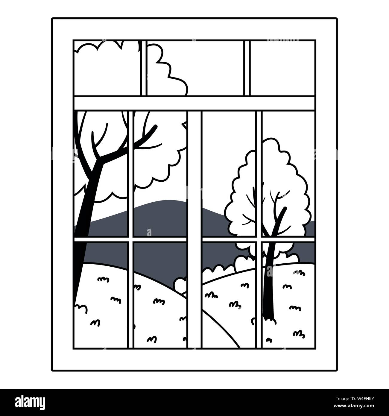 Fenêtre à l'intérieur du paysage, de l'intérieur design accueil chambre chambre vue de l'architecture moderne en verre et thème Vector illustration Illustration de Vecteur